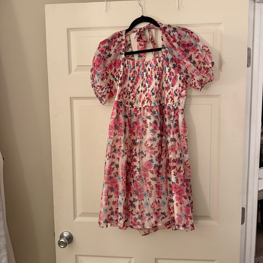 Jodifl Pink Floral Puff Sleeve Smocked Mini Dress Easter Church Shower Large NWT